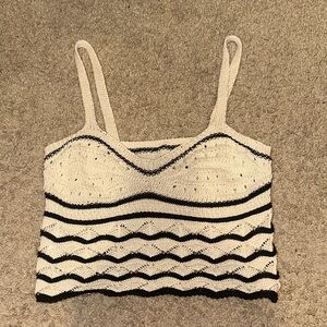 Crochet Stripe Knit Tank Top - Cream & Black